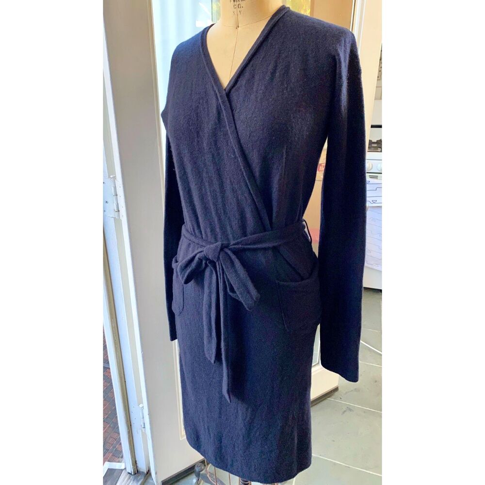Asprey of London Navy Cashmere V Neck Long Sleeve Belted Sweater Midi Dress SZ S